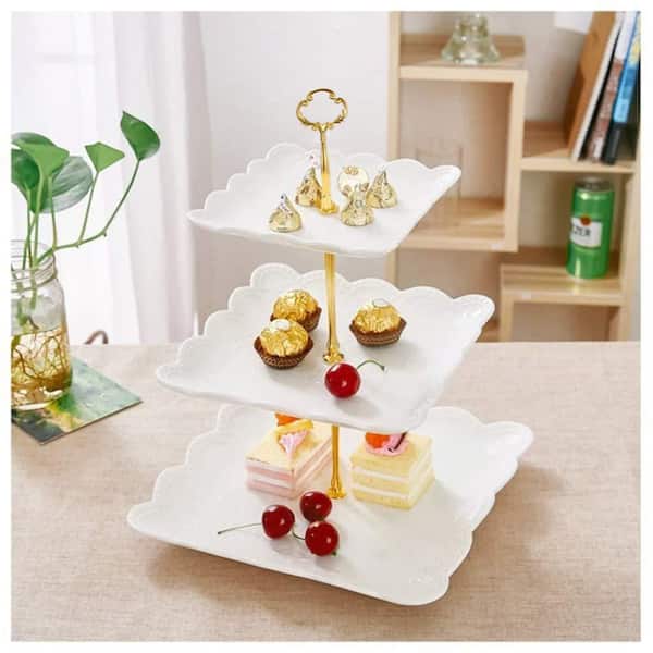 3-Tier Porcelain Cup Cake Stand, Square White Embossed Dessert Tiered Serving Tray Stand for Weddings Parties