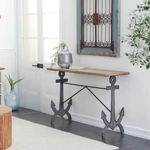 48 in. Black Extra Large Rectangle Metal Anchor Console Table with Brown Wood Top