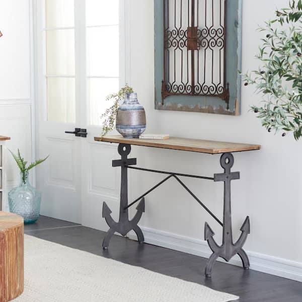 Litton Lane 48 in. Black Extra Large Rectangle Metal Anchor Console Table with Brown Wood Top