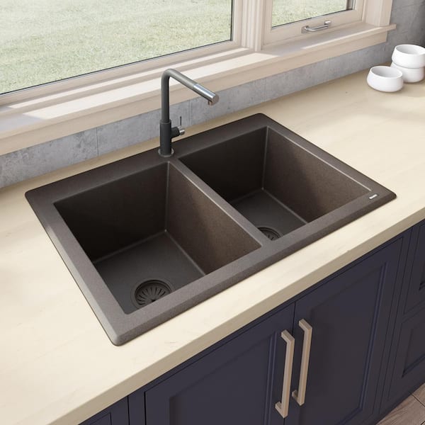 epiGranite 33 in. Drop-in Topmount 50/50 Double Bowl Kitchen Sink in Espresso Brown Granite Composite