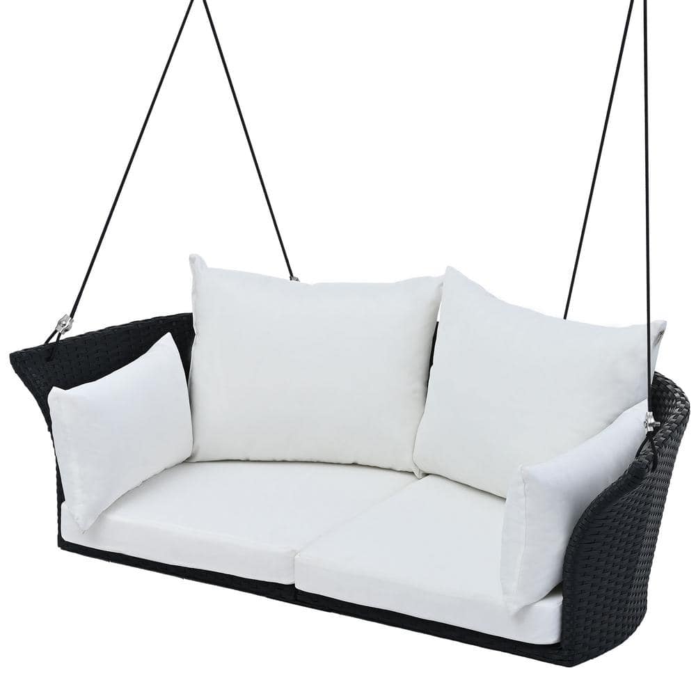 51.9 in. 2-Person Wicker Porch Swing with Ropes, Black Wicker and White ...