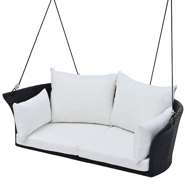 Unbranded 51.9 in. 2-Person Wicker Porch Swing with Ropes, Black Wicker and White Cushion