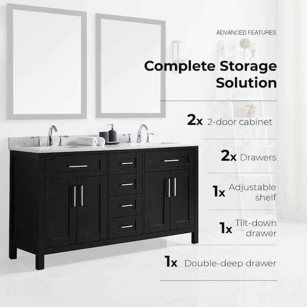 OVE Decors Tahoe 60-in Dark Charcoal Undermount Double Sink Bathroom Vanity with White Engineered Stone Top