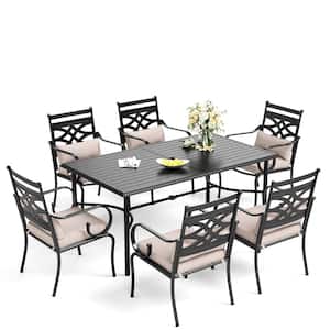7-Piece Metal Outdoor Dining Set with Slat Table-top and Cast Iron Pattern Chairs with Beige Cushions