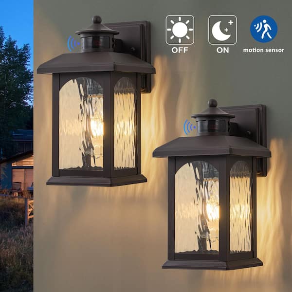 2-Pack 12 in. Oil Rubbed Bronze Motion Sensing Dusk to Dawn Outdoor Hardwired Wall Lantern Scone with No Bulbs Included