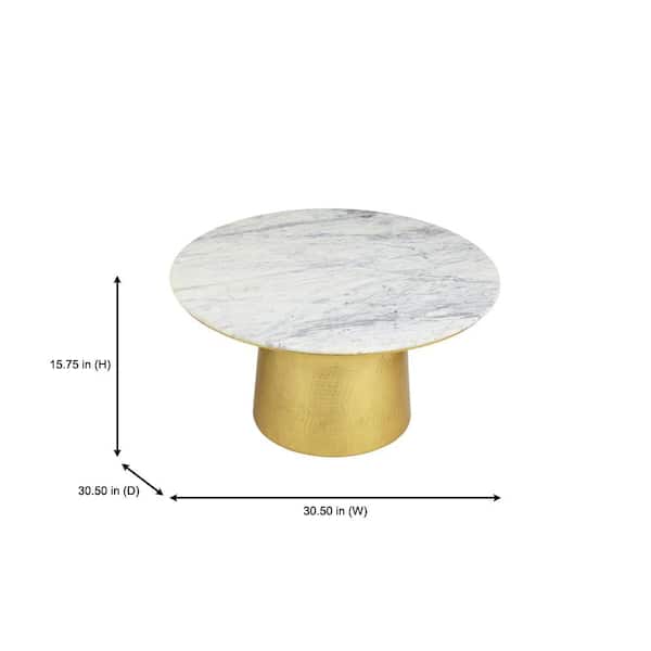 Cupertine 31 in. Gold/Marble Medium Round Marble Coffee Table with Hammered Base