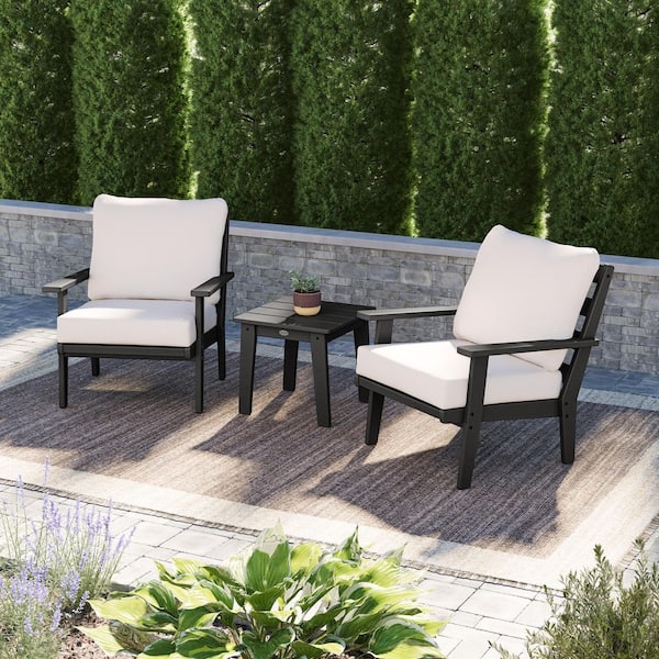 POLYWOOD Grant Park Black 3-Piece Plastic Patio Deep Seating Outdoor Lounge Chair Set with Natural Linen Cushions