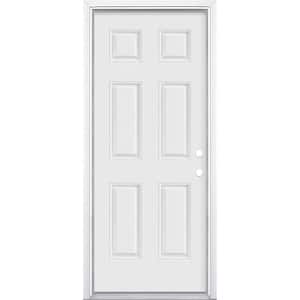 32 in. x 80 in. 6-Panel Left Hand Inswing Primed White Smooth Fiberglass Prehung Front Exterior Door with Brickmold