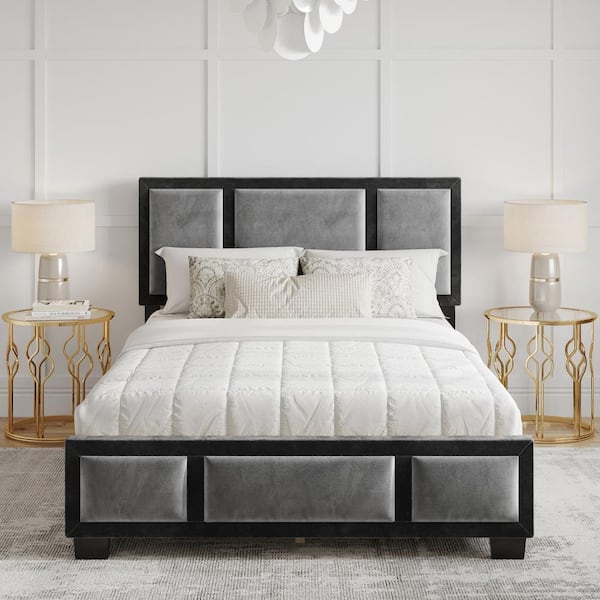 Triiptych Gray and Back Velour Upholstered Platform Queen Bed Frame with Headboard