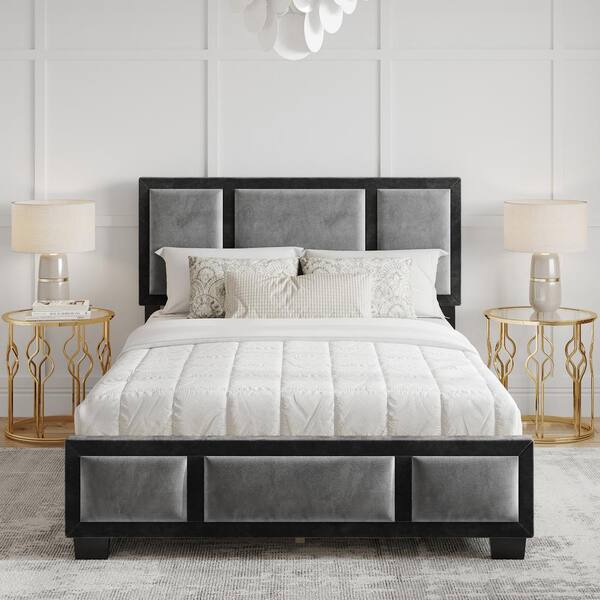 Acme Furniture Chelsie Gray Fabric and Black Queen Platform Bed