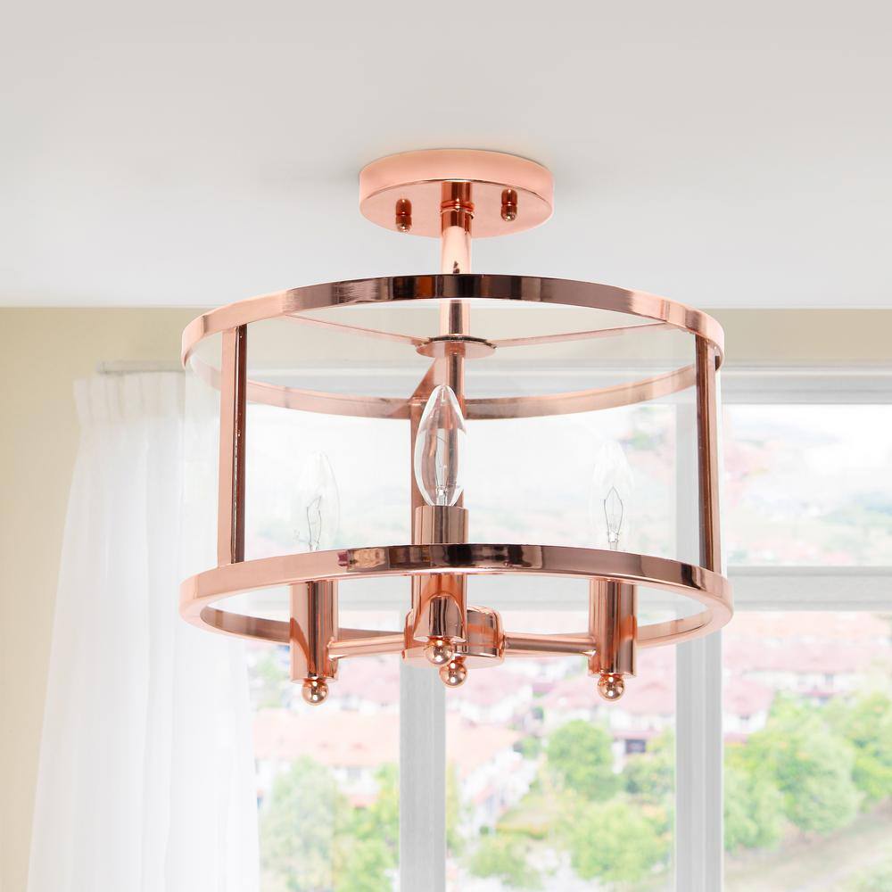 Rose Gold 13" Glass and Metal 3-Light Semi-Flush Mount