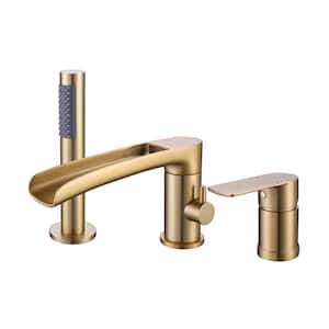 Single-Handle Deck-Mount Roman Tub Faucet with Hand Shower 3-Holes Brass Waterfall Bathtub Filler in Brushed Gold