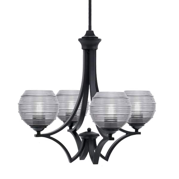 Unbranded Clevelend 4-Light Matte Black Round Chandelier with 6 in. Smoke Ribbed Glass Shades, No bulbs included