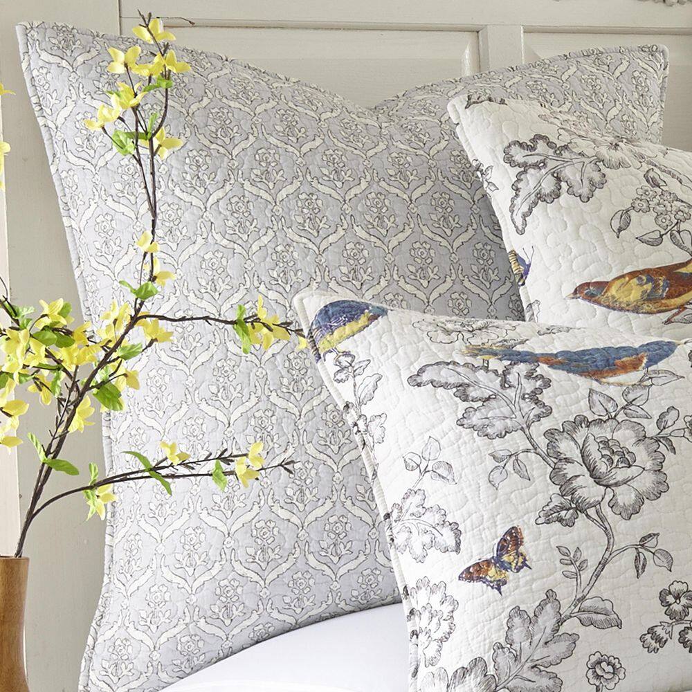 Mockingbird Grey Floral Quilted Cotton Euro Sham (Set of 2)