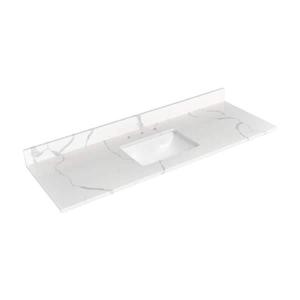 Miragy 60 in. W x 22 in. D Quartz White Rectangular Single Sink Bathroom Vanity Top in Calacatta Classique