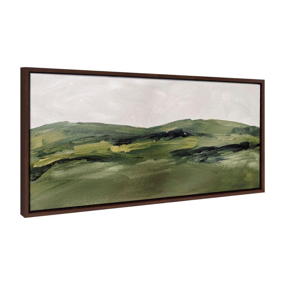 Green Mountain Landscape Watercolor Canvas Print with Brown Frame