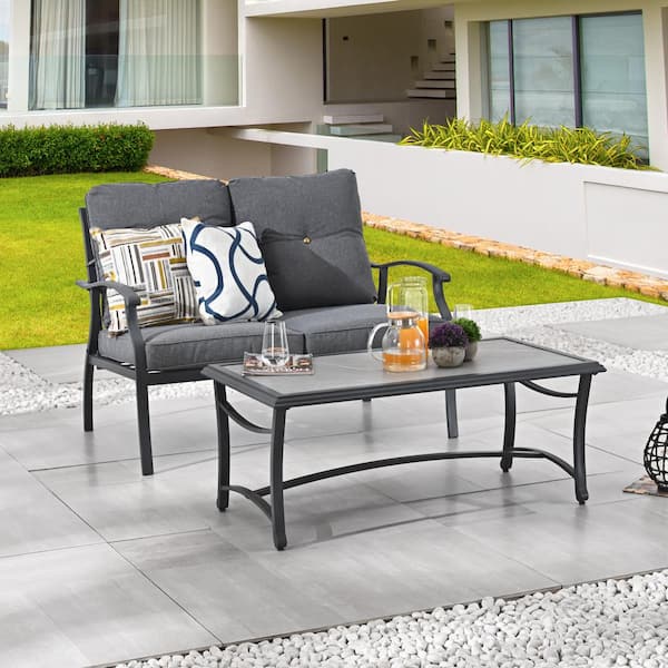 2-Piece Metal Patio Loveseat and Coffee Table Deep Seating Set with Dark Gray Cushions