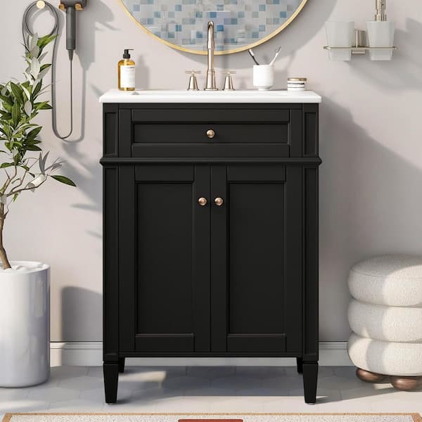 24 in. W Single Sink Freestanding Black Bath Vanity with White Ceramic Top and Tip-Out Drawer, Unassembled