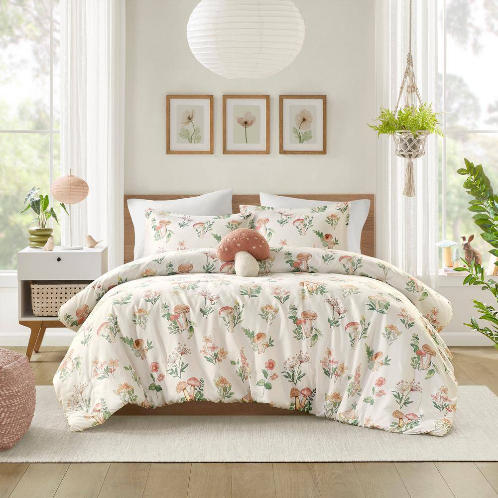 Twin Green Microfiber Mushroom Garden Comforter Set