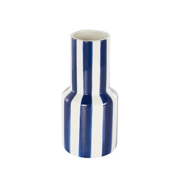 Litton Lane 11 in. White Round Ceramic Decorative Vase with Blue Vertical Stripes