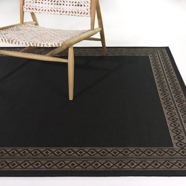 Black 9 ft. x 12 ft. Diamond Border Indoor/Outdoor Area Rug