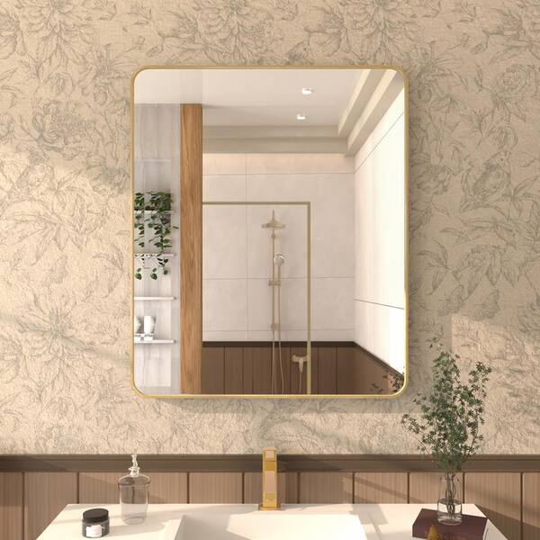 30 in. W x 36 in. H Rectangular Framed Wall Bathroom Vanity Mirror in Brass 30 in. W x 36 in. H Rectangular Framed Wall Bathroom Vanity Mirror in Brass