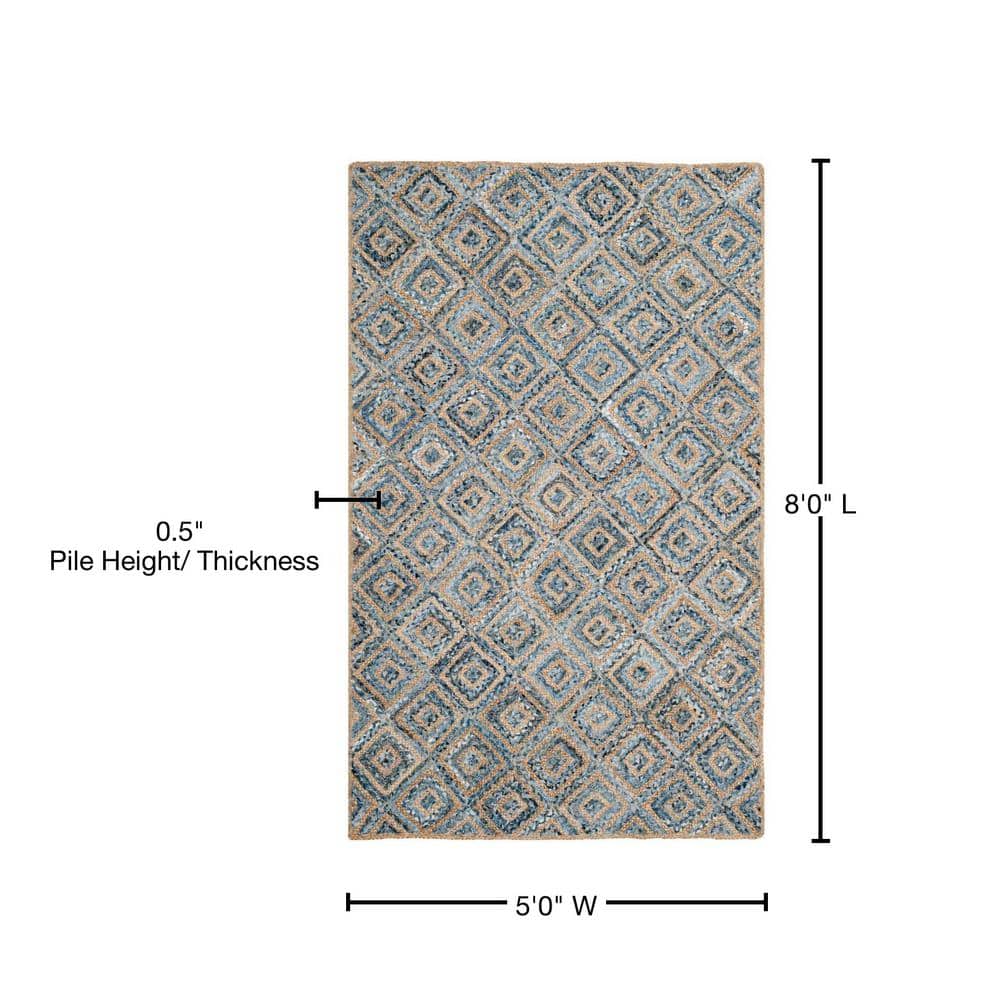 Natural Blue Geometric Jute Area Rug 5' x 8'