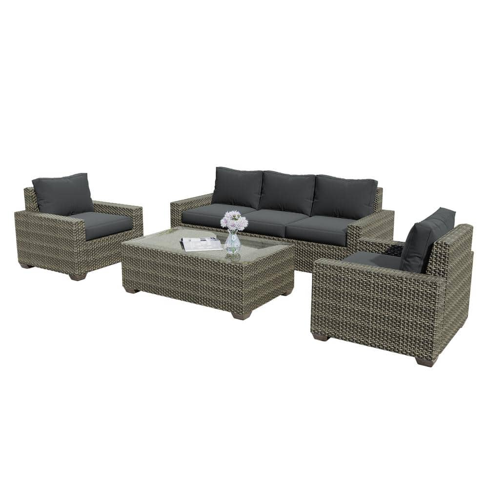 Uixe 6-Piece Rattan 5-Seat Wicker Outdoor Sectional Seating Group with ...