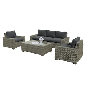 6-Piece Rattan 5-Seat Wicker Outdoor Sectional Seating Group with Darkgray Cushions and Glass Table,Patio Furniture Sets