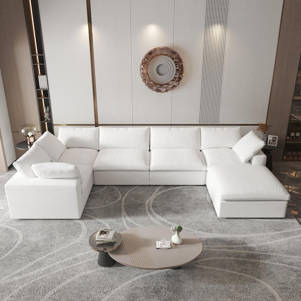 157.3 in. Square Arm 6-piece Linen Polyester Deep Seat Modular Storage Sectional Sofa with Ottoman in. White