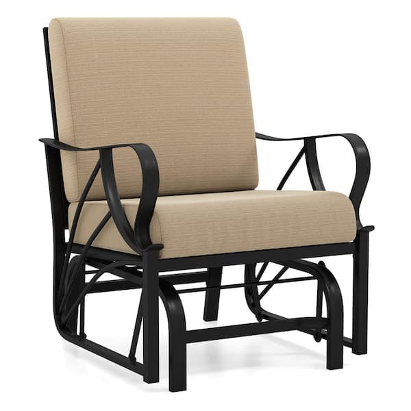 Metal Outdoor Glider Chair Smooth Rocking Single Chair with Thick Tan Cushions and Heavy-Duty Metal Frame