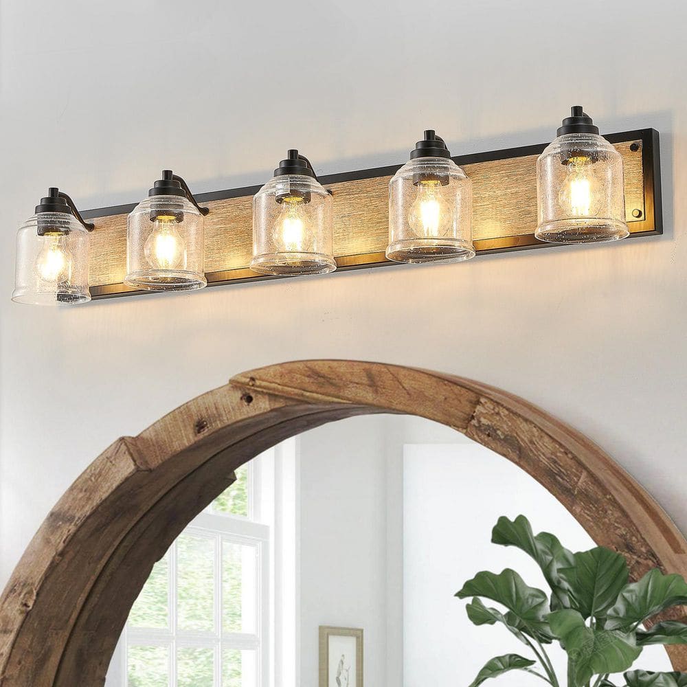 40 in. 5-Light Black Wood Rustic Dimmable Bathroom Vanity Light Black with Bubble Glass Shade for Bedroom Dressing Room price history on PriceWatchPro