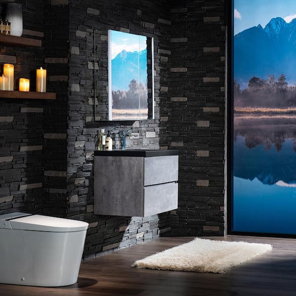 CA 29.5 in. W x 19.63 in. D x 22.5 in. H Single Sink Floating Bath Vanity in Gray with Black Quartz Top