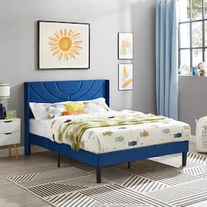 Upholstered Bed Blue Metal Frame Full Platform Bed with Fabric Headboard, Wooden Slats Support