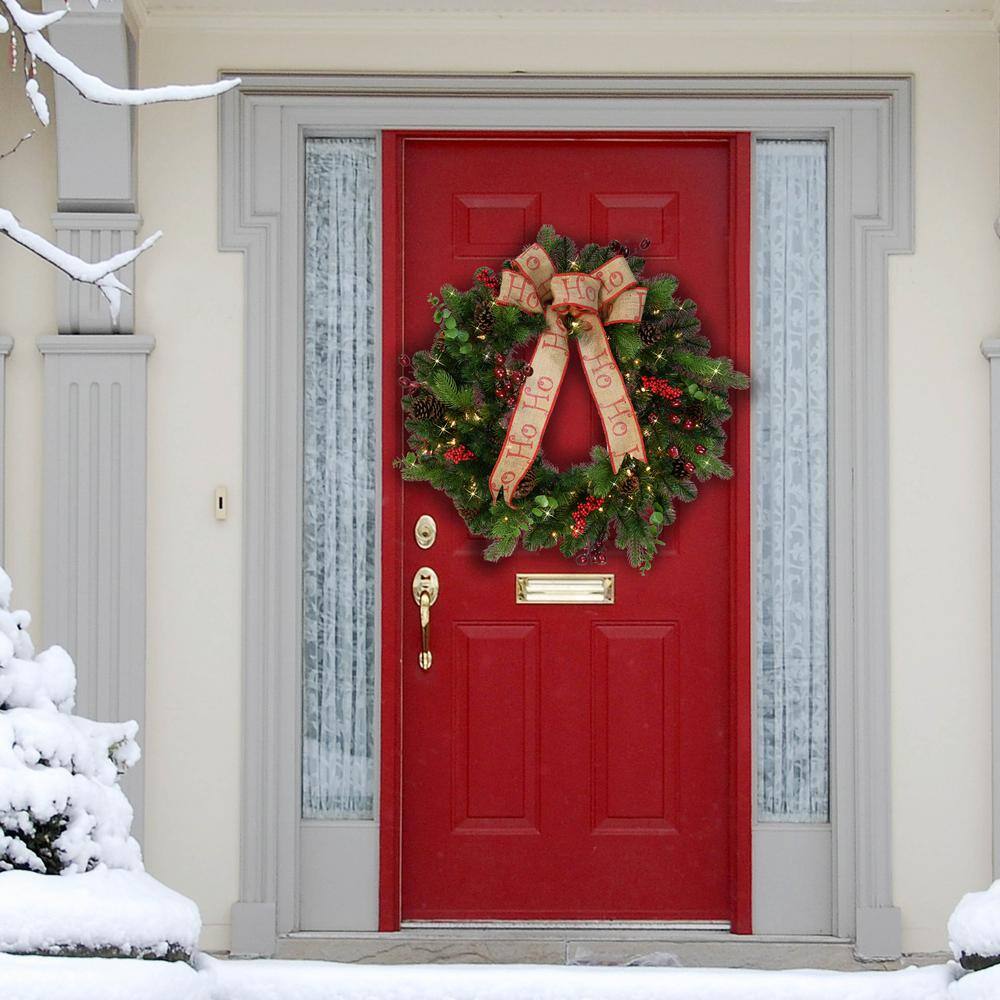Green 30" Pre-Lit Artificial Christmas Wreath with Burlap Bow