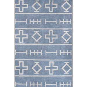 Holland Tribal Symbols Blue 5 ft. x 8 ft. Indoor/Outdoor Patio Area Rug