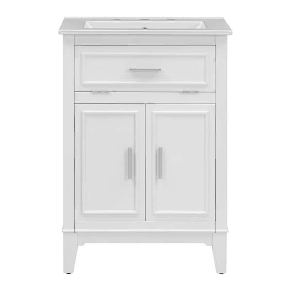 24 in. W Freestanding Bath Vanity in White with White Ceramic Top, One Flip Drawer and Doors, Solid Wood