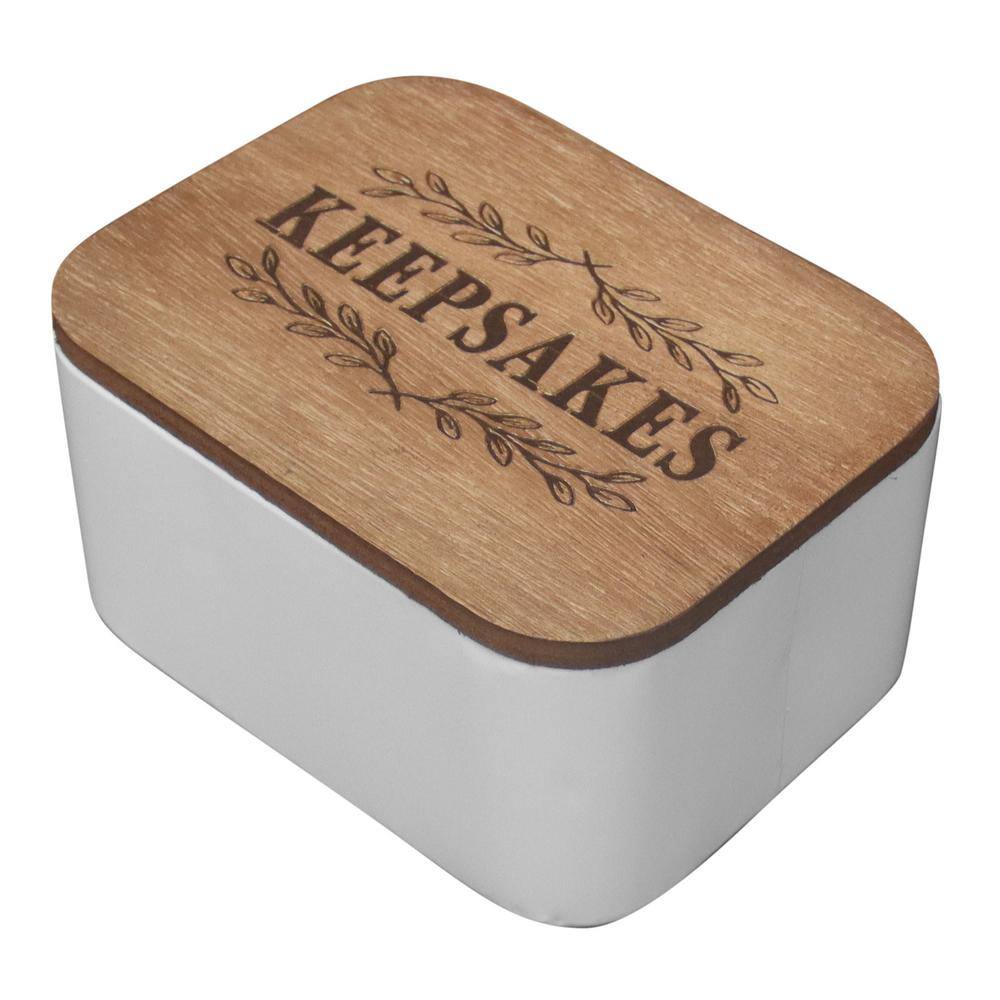 White and Brown Farmhouse Wood Keepsakes Storage Box with Engraved Lid