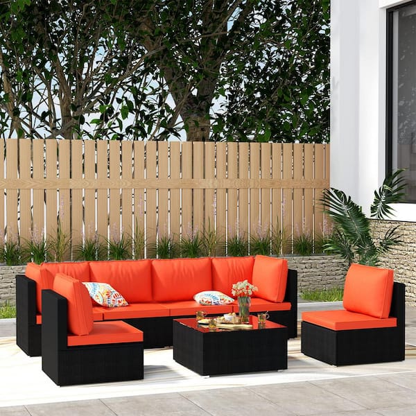 Tenleaf 7-Piece Metal Wicker Outdoor Sectional Set with Orange Cushions