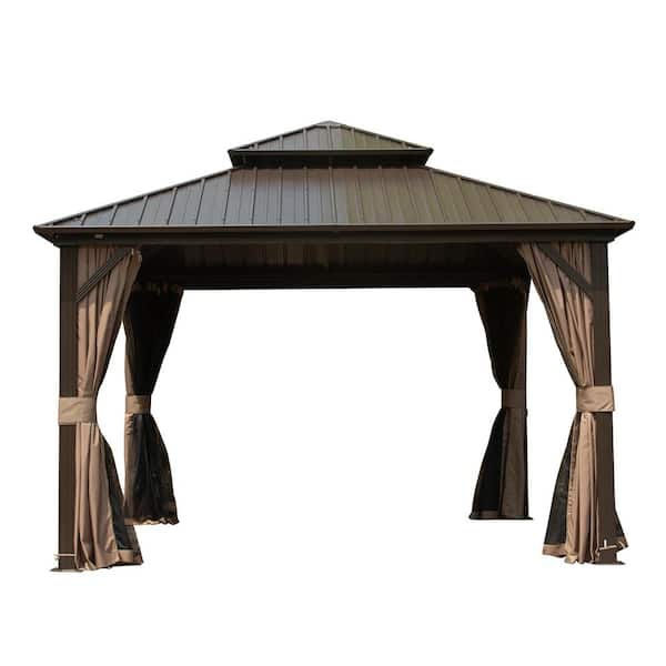 domi outdoor living 12 ft. W x 12 ft. D Dark Brown Hardtop Gazebo with Aluminum Frame, Galvanized Steel Double Roof