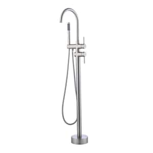 2-Handle Floor Mount Tub Faucet Freestanding Tub Filler High-Flow Shower Faucets with Handheld Shower in Brushed Nickel