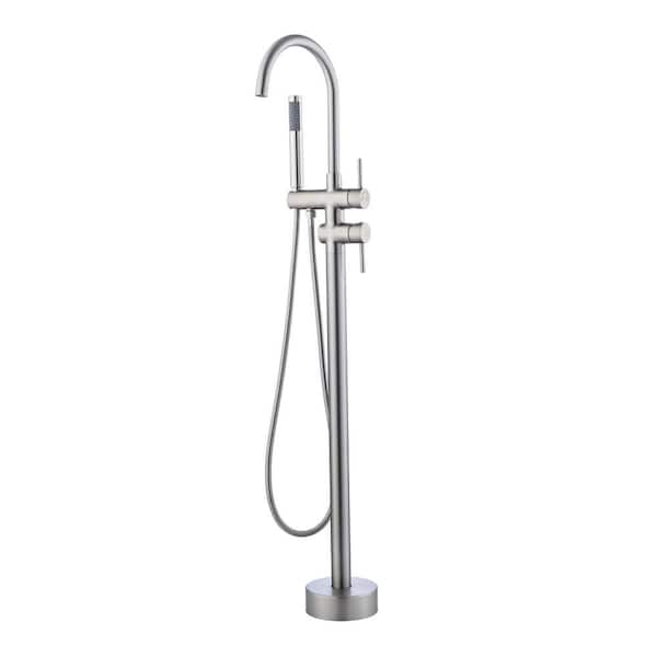 Lukvuzo 2-Handle Floor Mount Tub Faucet Freestanding Tub Filler High-Flow Shower Faucets with Handheld Shower in Brushed Nickel