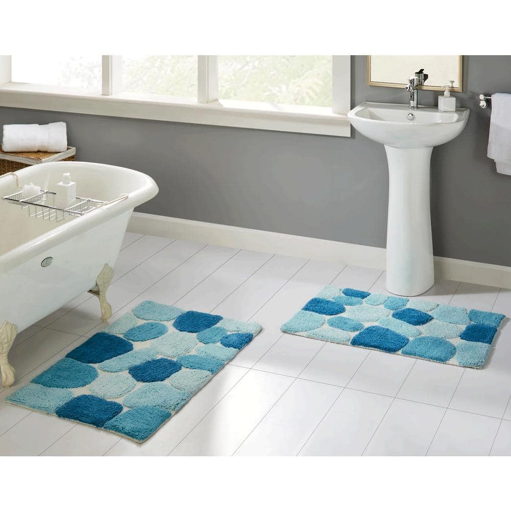 Arctic Blue Cotton Pebble Pattern Bath Rug Set