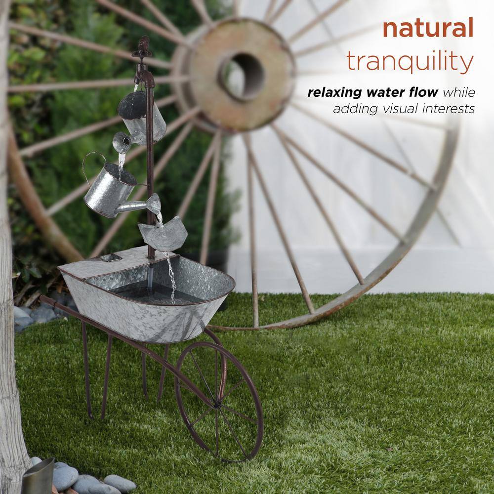 36" Silver Metal Wheelbarrow and Watering Can Fountain