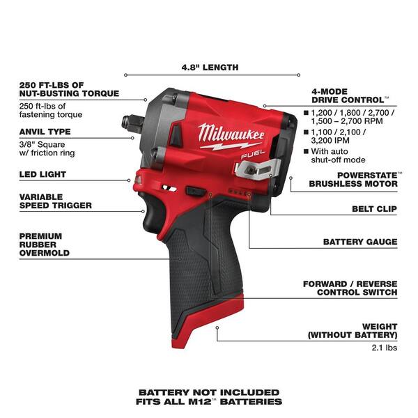 Milwaukee M12 FUEL Stubby 3/8" Impact Wrench for sale online 2554-20