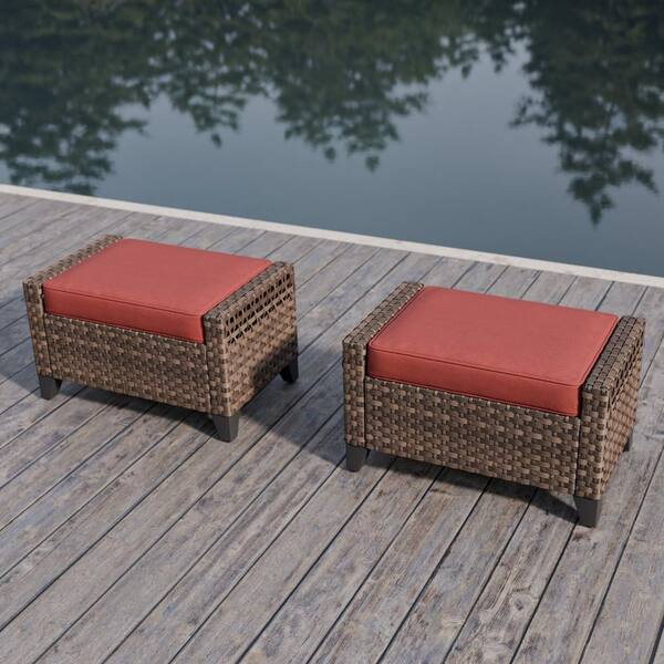 Wicker Outdoor Patio Ottoman with Red Cushions (2-Pack)