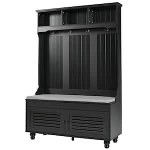 Black Hall Tree with 4-Sturdy Hooks, Shutter-Shaped Doors Storage Bench and Cushion for Hallway, Entryway, Living Room