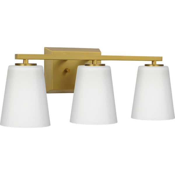 Progress Lighting Vertex Collection 20.87 in. 3-Light Brushed Gold Etched White Glass Contemporary Vanity Light