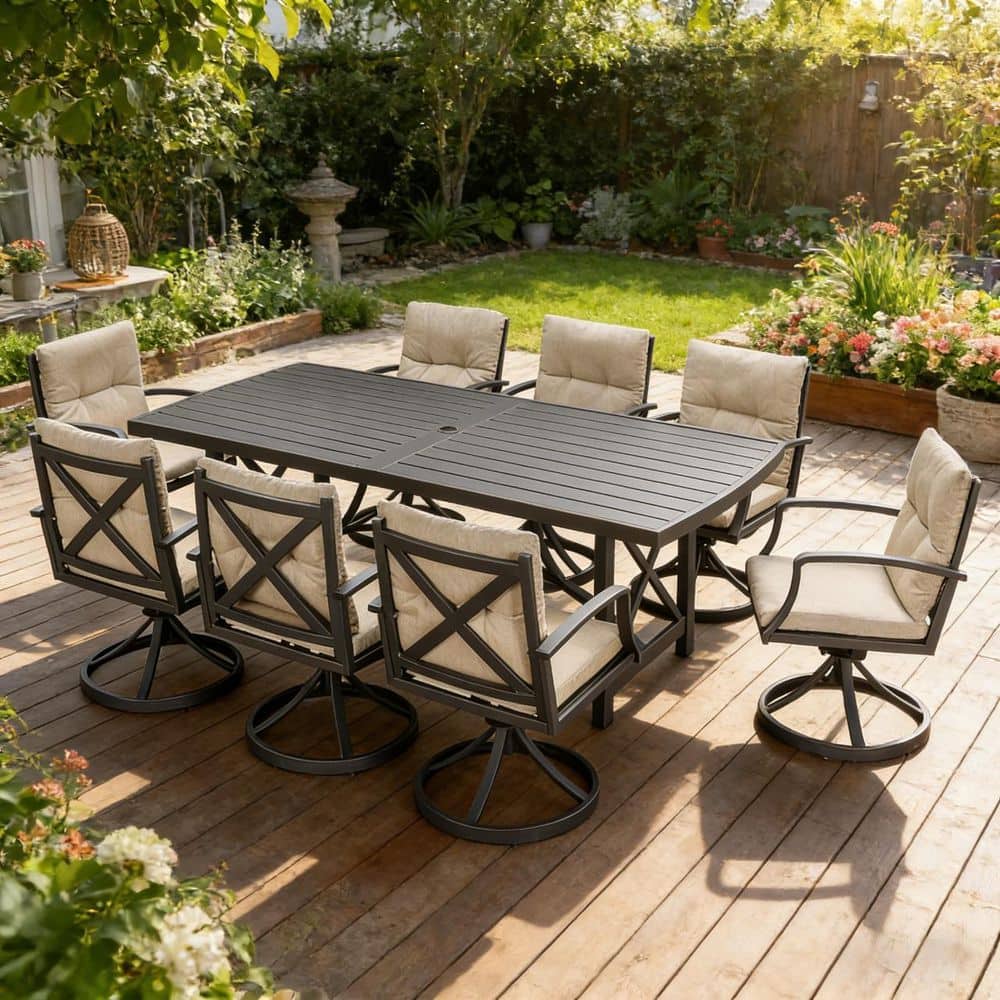 9-Piece Aluminum Rectangular Patio Table Outdoor Dining Set with Light Taupe Cushions