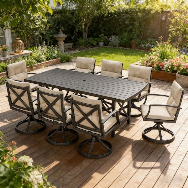 9-Piece Aluminum Rectangular Patio Table Outdoor Dining Set with Light Taupe Cushions